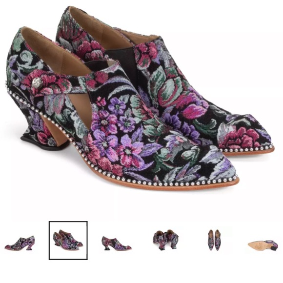 John Fluevog Black and Purple Floral Heels Original box and packaging